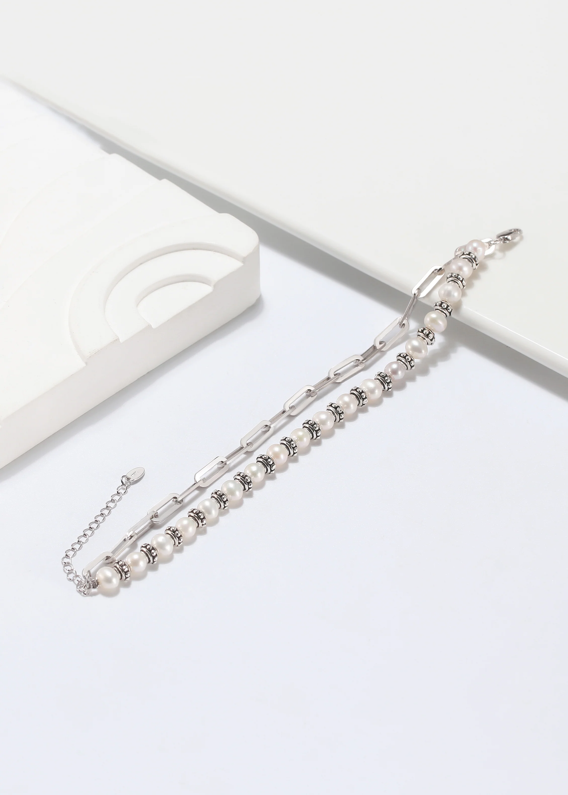 Pearl Clip Double Bracelet - Sterling Silver/Freshwater Pearl - Image 3