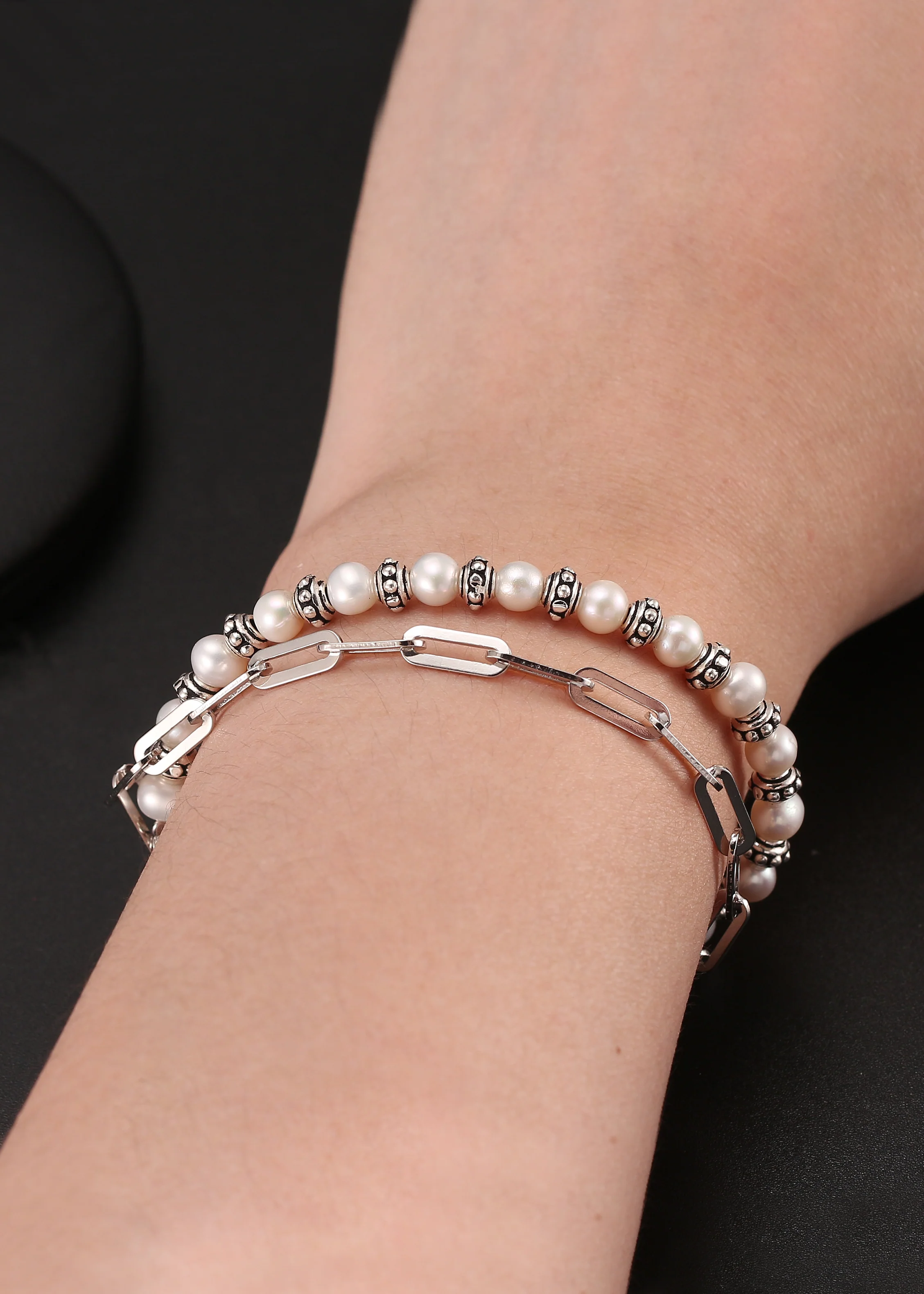 Pearl Clip Double Bracelet - Sterling Silver/Freshwater Pearl - Image 5