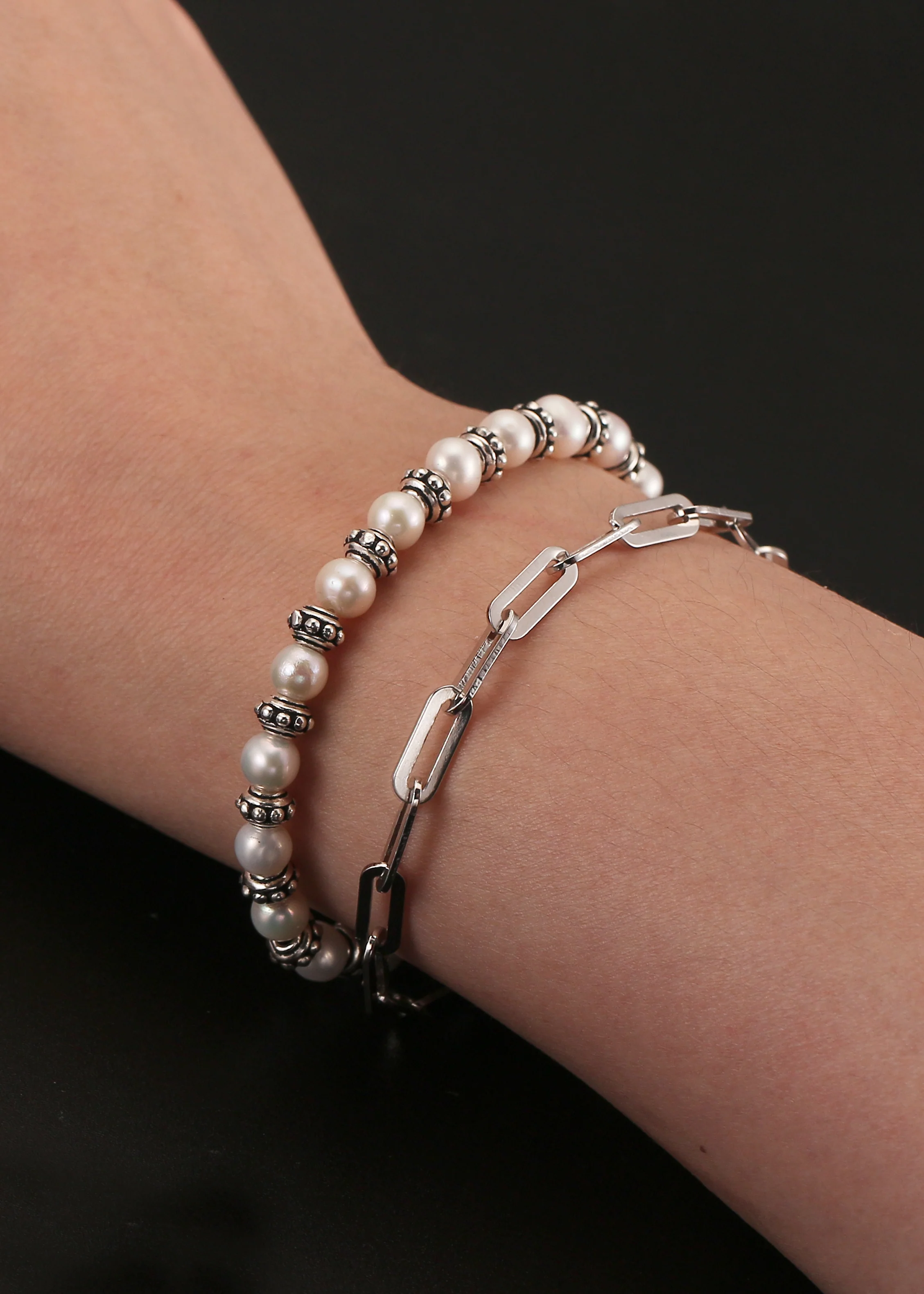 Pearl Clip Double Bracelet - Sterling Silver/Freshwater Pearl - Image 6